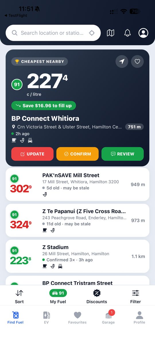 PriceMate app showing the cheapest fuel nearby
